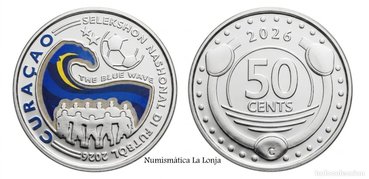 Monedas antiguas de Am&eacute;rica: Curazao 50 Centavos Copa Mundial de la FIFA 2026 Km Nuevo Coloreada Sc Unc