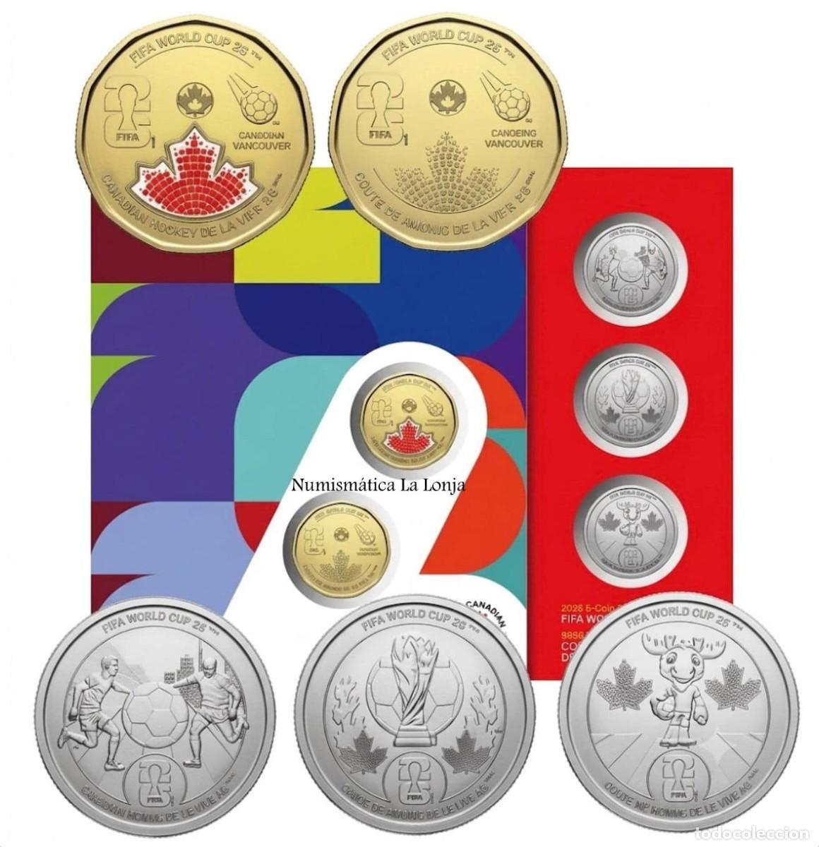 Monedas antiguas de Am&eacute;rica: Canad&aacute; Cartera 5 monedas 25 Centavos 1 D&oacute;lar Copa Mundial de la FIFA 2026 Km Nuevo Sc Unc