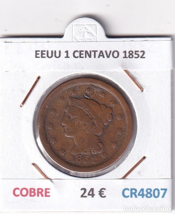 Monedas antiguas de Am&eacute;rica: CR4807 MONEDA EEUU 1 CENTAVO 1852 COBRE