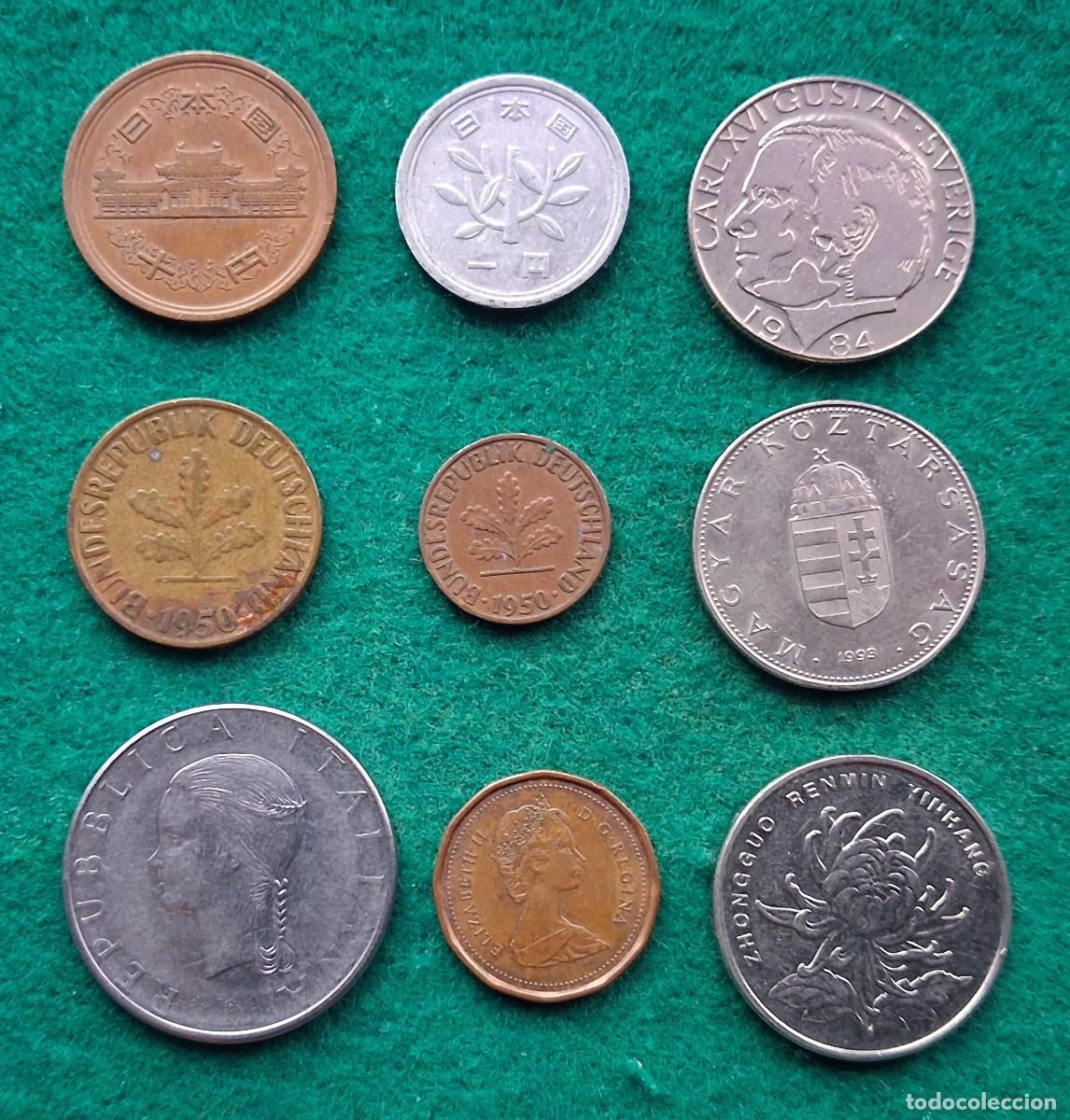 Monedas antiguas de Am&eacute;rica: Lote de 9 monedas internacionales de Jap&oacute;n, Alemania, Italia, Suecia, Hungr&iacute;a, Canad&aacute; y China.