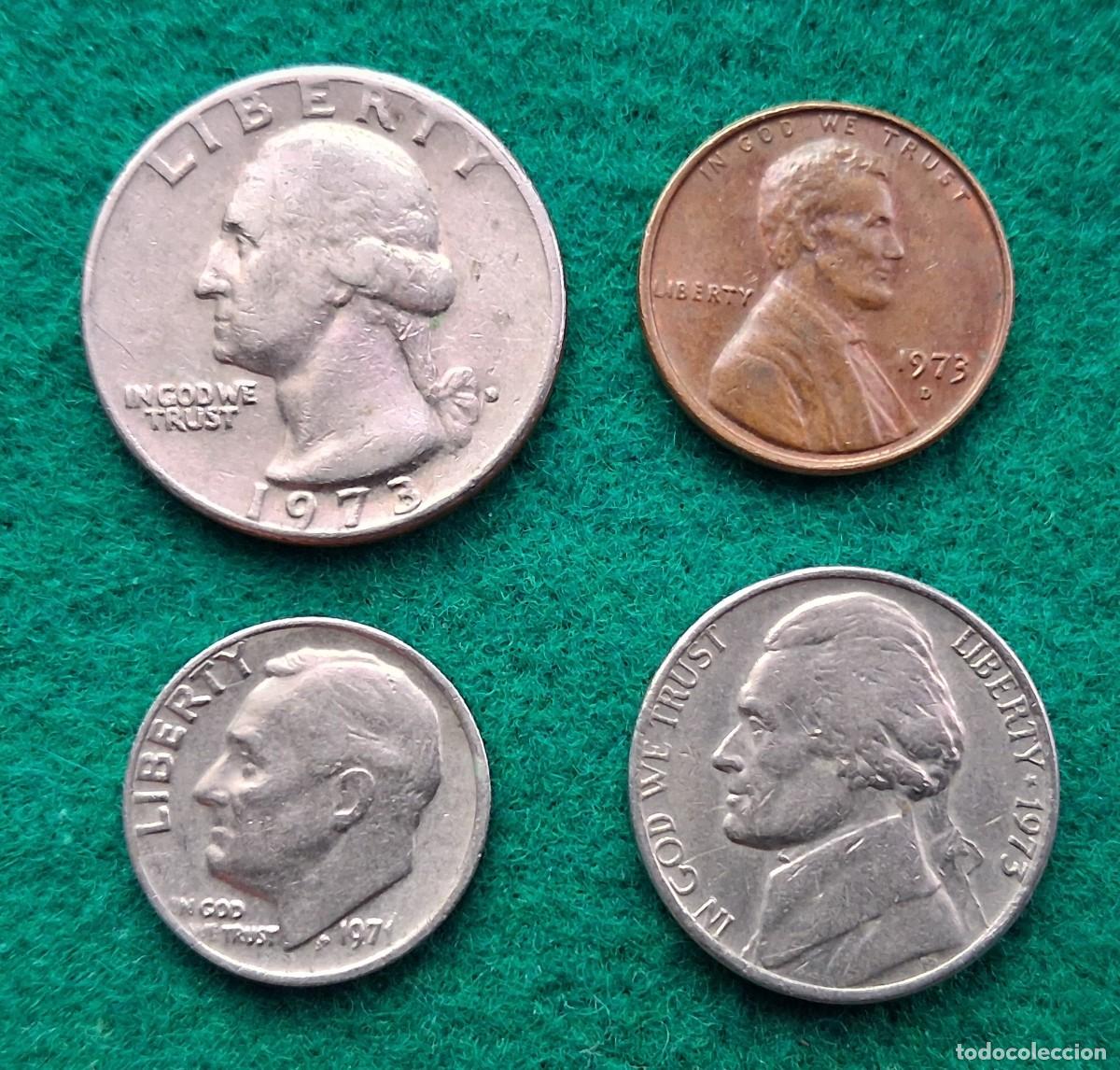 Monedas antiguas de Am&eacute;rica: Lote 4 monedas de Estados Unidos de Am&eacute;rica 1973 y 1971 ( Dollar ) monedas Americanas Dolar, USA