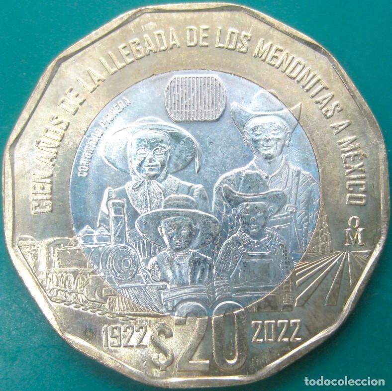 Monedas antiguas de Am&eacute;rica: M&eacute;xico, 20 Pesos ''Llegada de los menonitas-Bimet&aacute;lica'' KM#314./ Sin Circular.