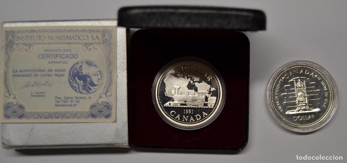 Monedas antiguas de Am&eacute;rica: CANAD&Aacute; - LOTE DE 2 MONEDAS en PLATA DE DOLLAR 1977 Y 1981 - SILVER JUBILE y FERROCARRIL - LOTE 3739