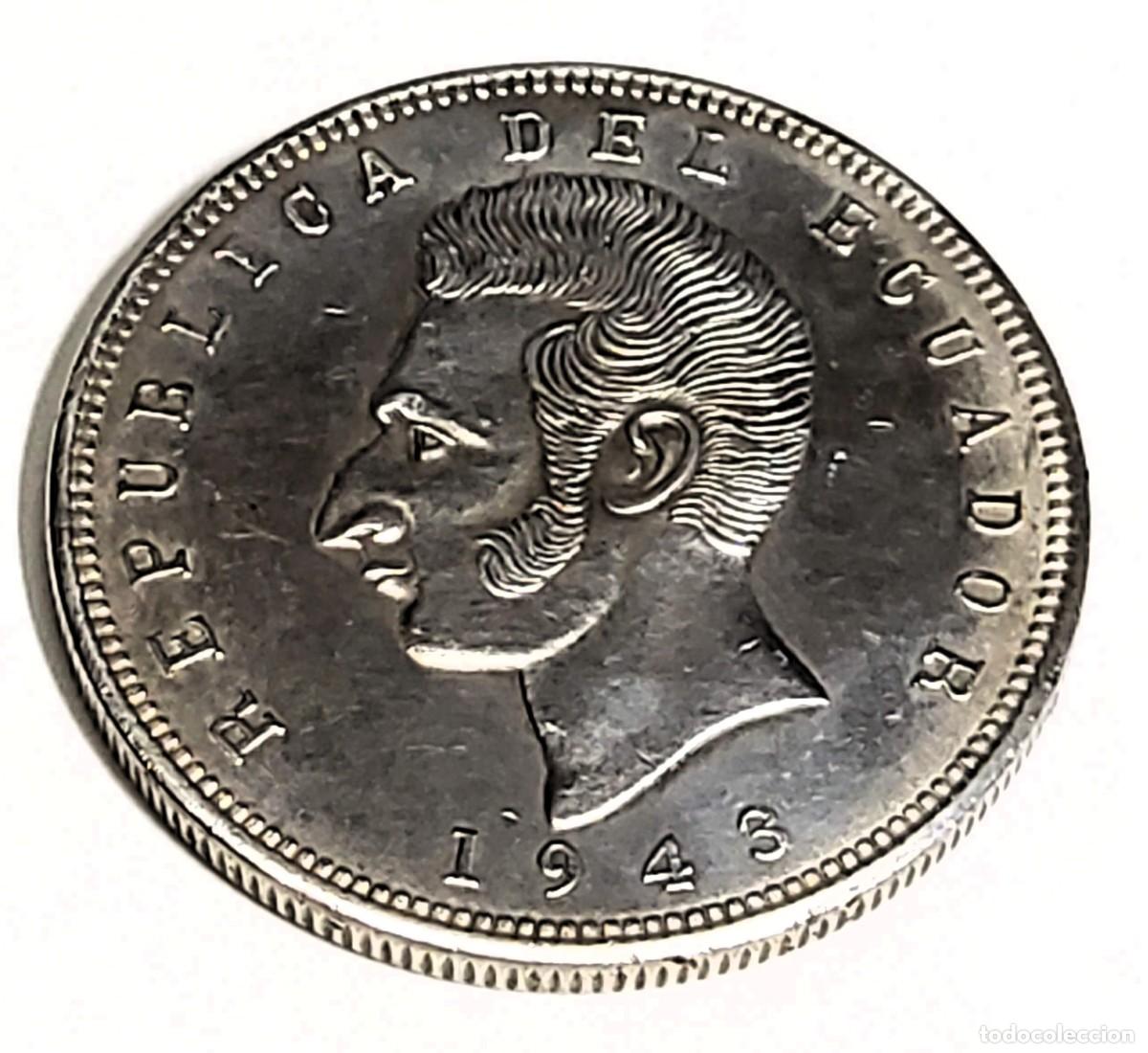 Monedas antiguas de Am&eacute;rica: 5 SUCRES D PLATA DE ECUADOR DEL A&Ntilde;O 1943.CASI SIN CIRCULAR