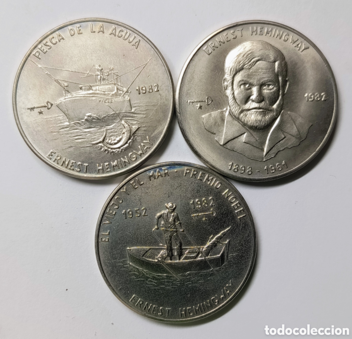 Monedas antiguas de Am&eacute;rica: CUBA. 3 MONEDAS DE UN PESO 1982. &ldquo;ERNEST HEMINGWAY&rdquo;. COBRE-N&Iacute;QUEL. RARAS