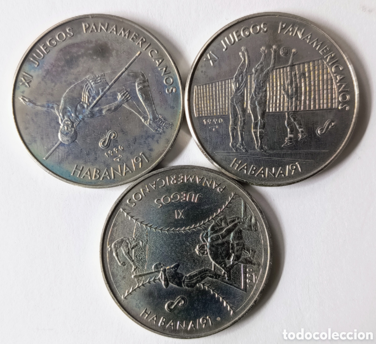 Monedas antiguas de Am&eacute;rica: CUBA. 3 MONEDAS DE UN PESO 1990. &ldquo;XI JUEGOS PANAMERICANOS. HABANA 91&rdquo;. COBRE-N&Iacute;QUEL. RARAS