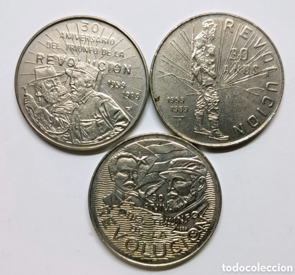 Monedas antiguas de Am&eacute;rica: CUBA. 3 MONEDAS DE UN PESO 1989. &ldquo;30 ANIVERSARIO DE LA REVOLUCI&Oacute;N&rdquo; COBRE-N&Iacute;QUEL. RARAS