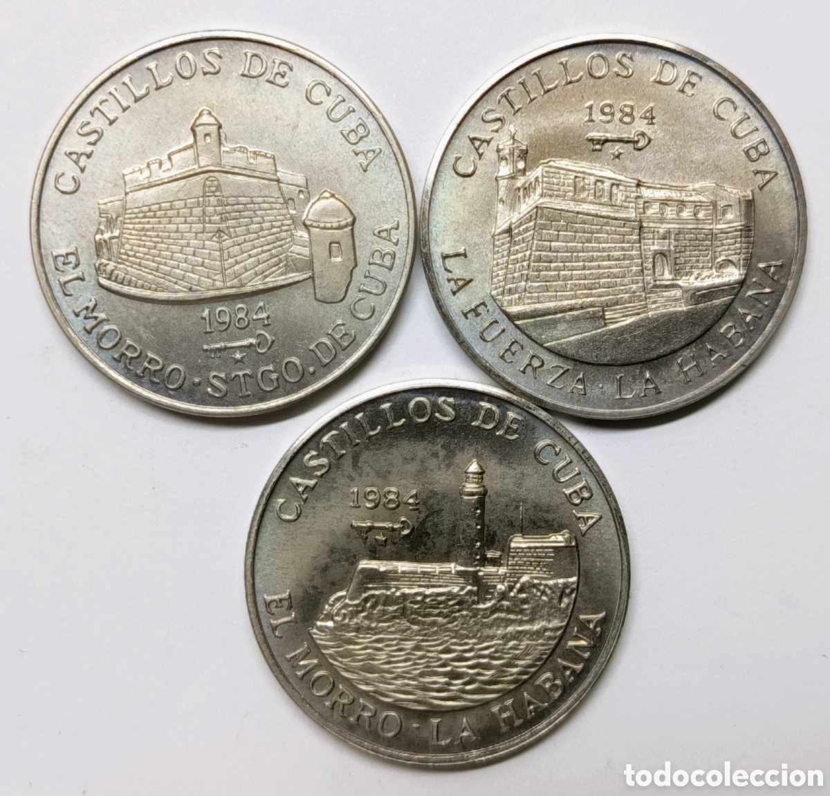 Monedas antiguas de Am&eacute;rica: CUBA. 3 MONEDAS DE UN PESO 1984. &ldquo;CASTILLOS DE CUBA&rdquo; COBRE-N&Iacute;QUEL. RARAS