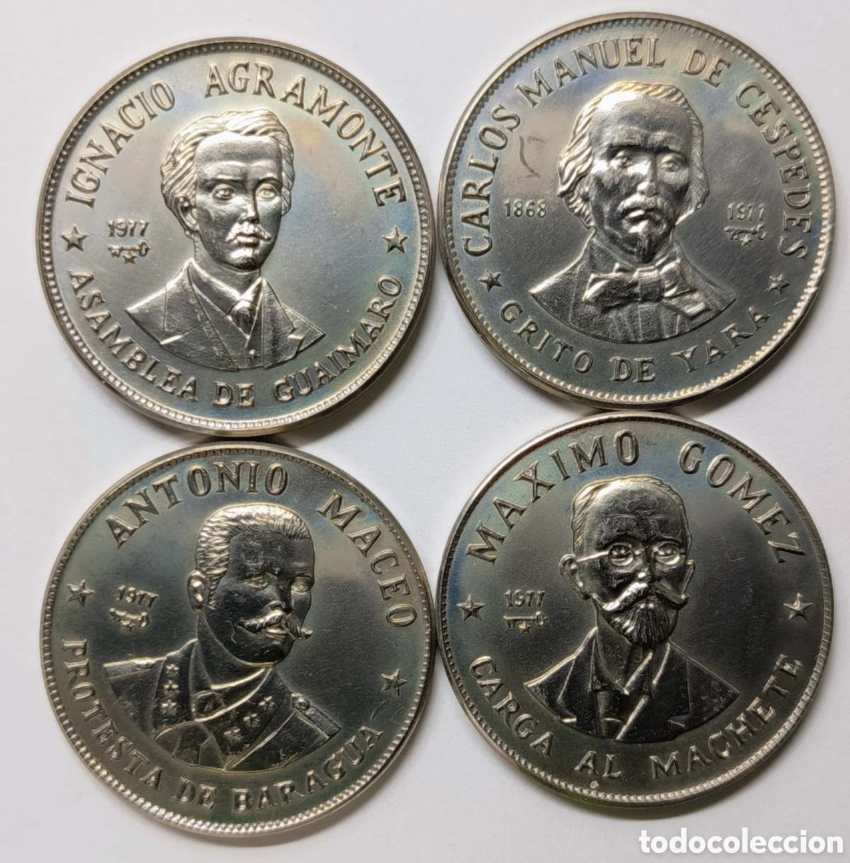 Monedas antiguas de Am&eacute;rica: CUBA. 4 MONEDAS DE UN PESO 1977. COBRE-N&Iacute;QUEL. RARAS