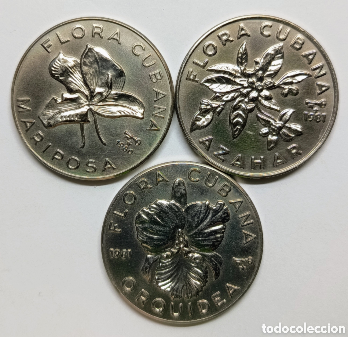 Monedas antiguas de Am&eacute;rica: CUBA. 3 MONEDAS DE UN PESO 1980/81 &ldquo;FLORA CUBANA&rdquo;. COBRE-N&Iacute;QUEL. RARAS