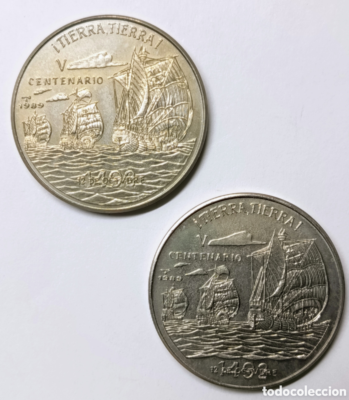 Monedas antiguas de Am&eacute;rica: CUBA. 2 MONEDAS (VARIANTES) DE UN PESO 1989 &ldquo;V CENTENARIO. &iexcl;TIERRA, TIERRA!&rdquo;. COBRE-N&Iacute;QUEL. RARAS