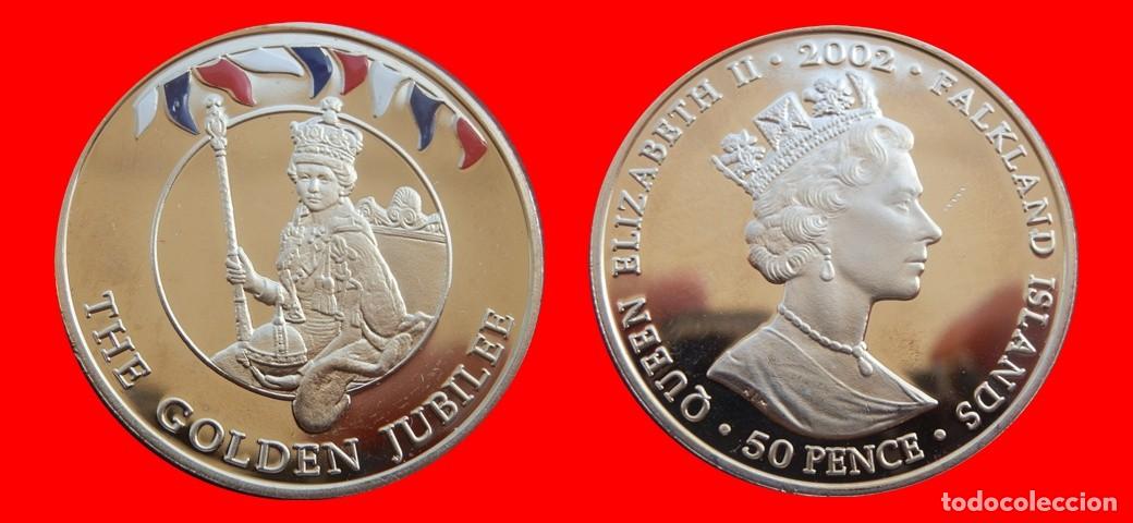 Monedas antiguas de Am&eacute;rica: 50 PENIQUES PENCE 2002 COLOREADA SIN CIRCULAR ISLAS MALVINAS FALKLAND-9425SC