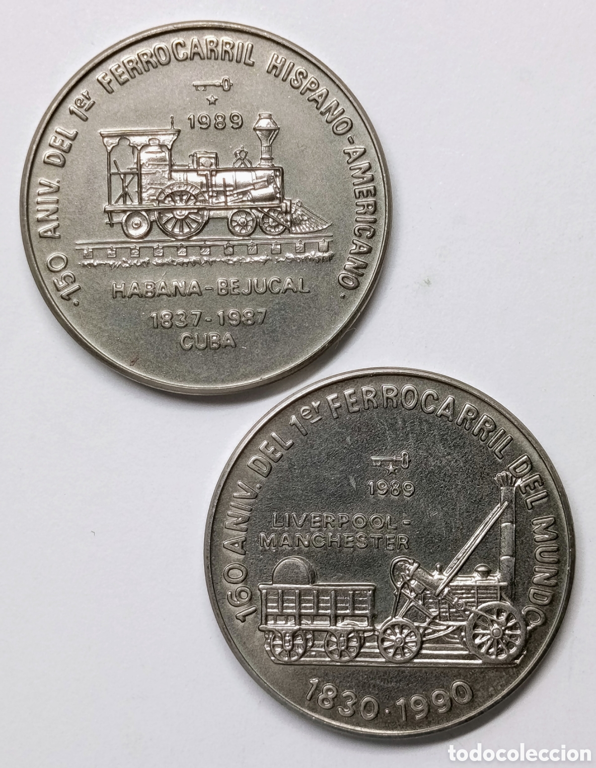 Monedas antiguas de Am&eacute;rica: CUBA. 2 MONEDAS DE UN PESO. 1989 &ldquo;FERROCARRILES&rdquo;. COBRE-N&Iacute;QUEL. MUY RARAS