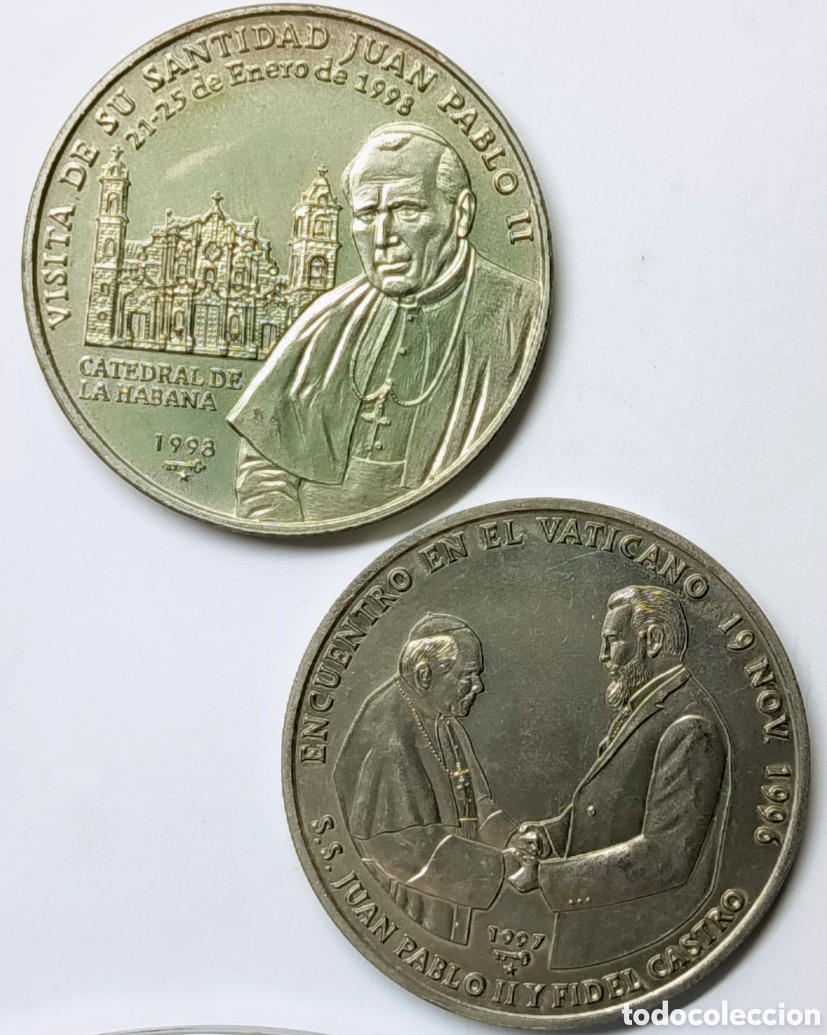 Monedas antiguas de Am&eacute;rica: CUBA. 2 MONEDAS DE UN PESO. 1997/98 &ldquo;CASTRO Y EL PAPA&rdquo;. COBRE-N&Iacute;QUEL