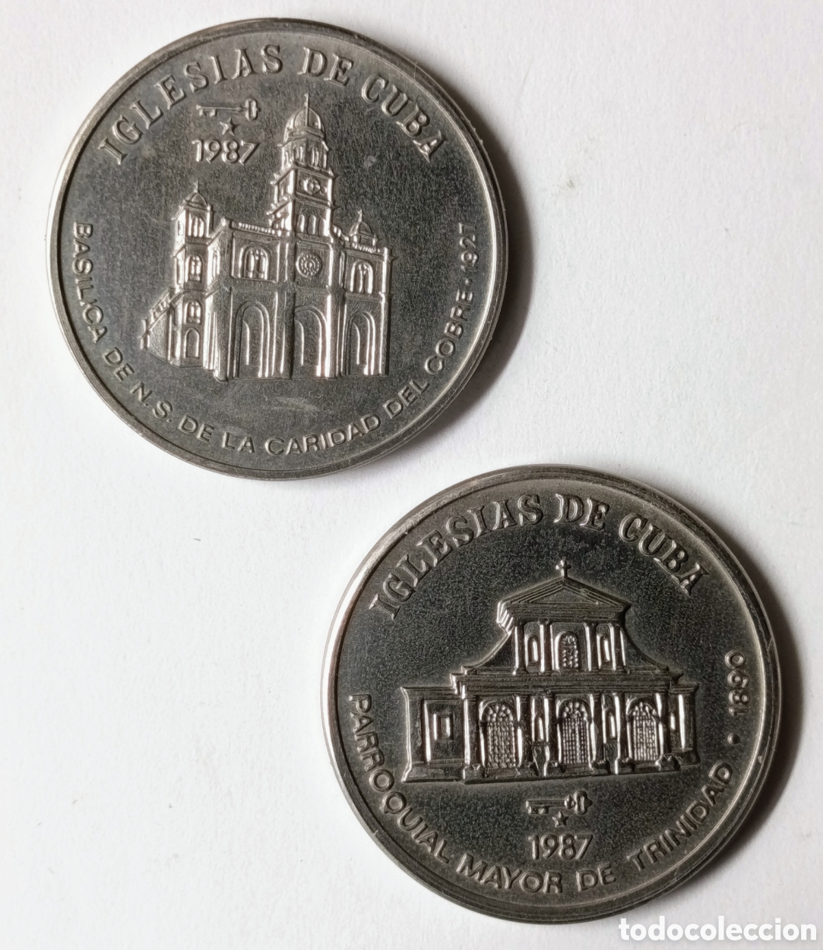 Monedas antiguas de Am&eacute;rica: CUBA. 2 MONEDAS DE UN PESO. 1987 &ldquo;IGLESIAS DE CUBA&rdquo;. COBRE-N&Iacute;QUEL. RARAS