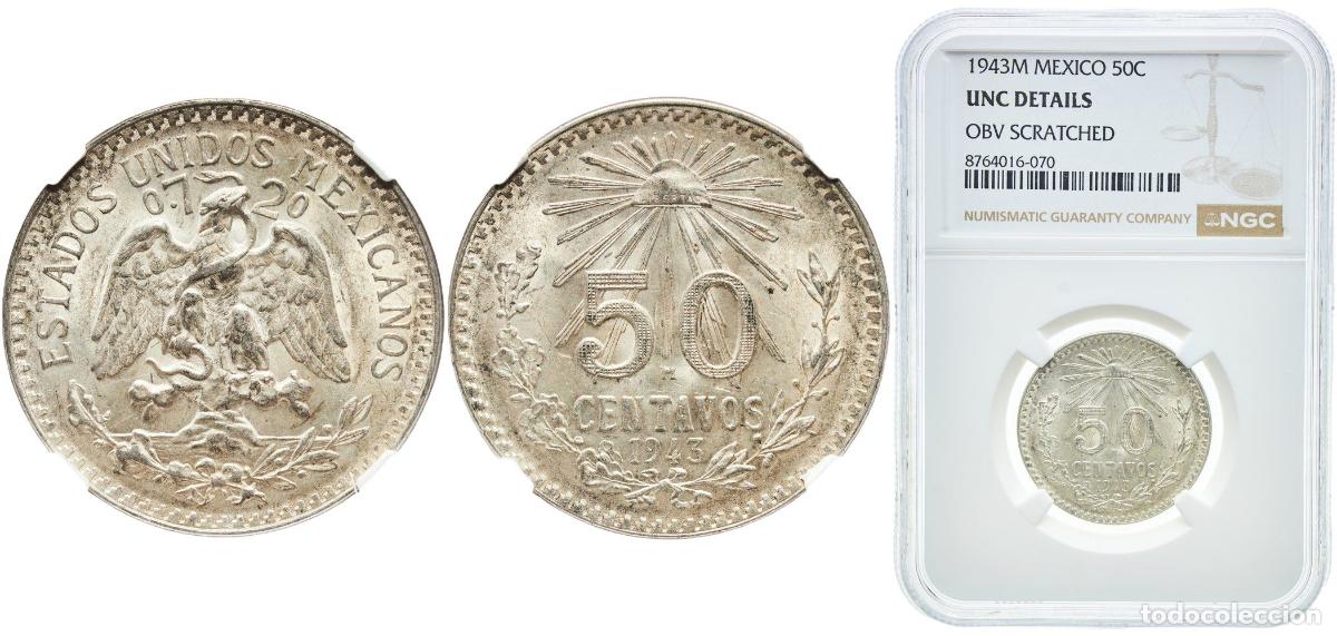 Monedas antiguas de Am&eacute;rica: Mexico United Mexican States 1943 M 50 Centavos Silver (.720) Mexican Mint (41512000) 8.33g NGC UNC
