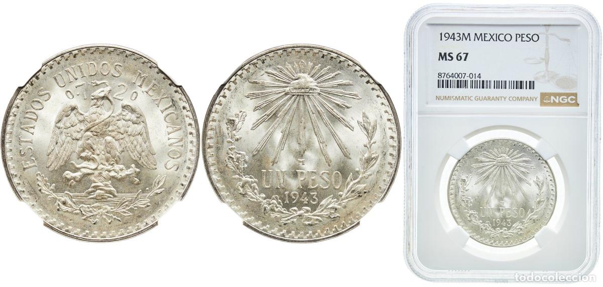 Monedas antiguas de Am&eacute;rica: Mexico United Mexican States 1943 M 1 Peso Silver (.720) Mexican Mint (47662000) 16.6g NGC MS 67 K