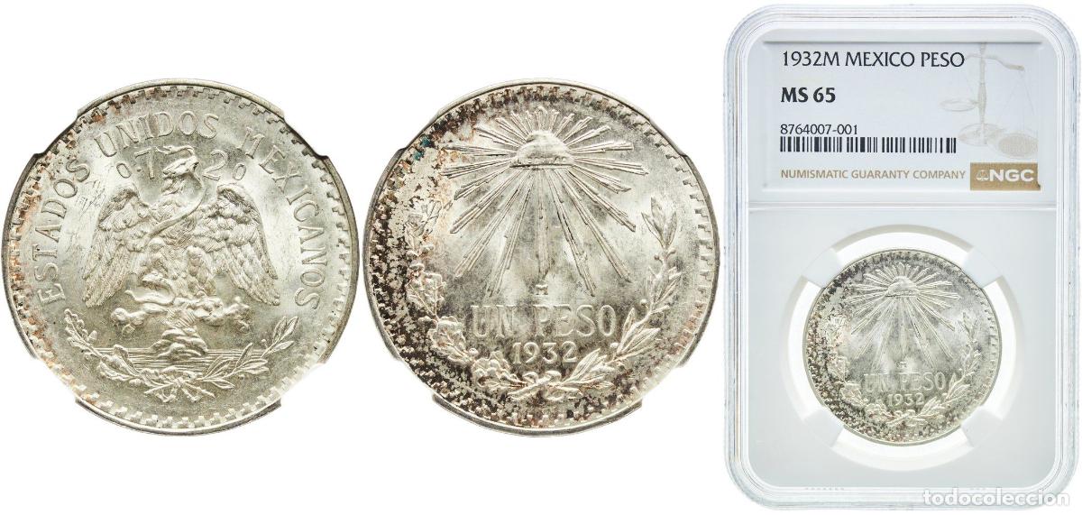 Monedas antiguas de Am&eacute;rica: Mexico United Mexican States 1932 M 1 Peso Silver (.720) (50770000) 16.6g NGC MS 65 KM 455