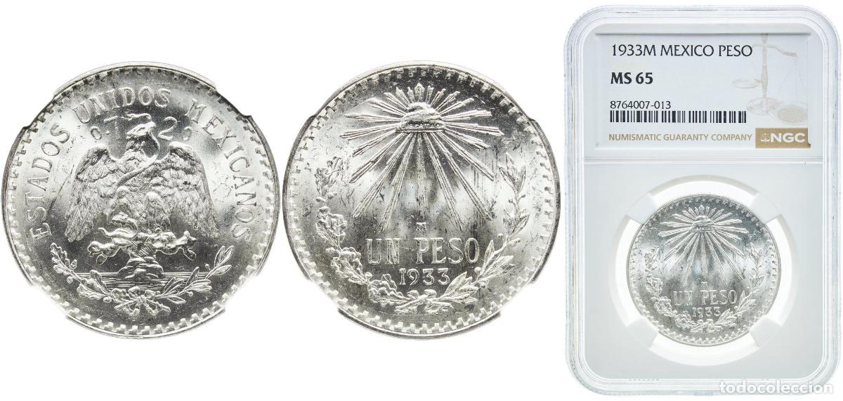 Monedas antiguas de Am&eacute;rica: Mexico United Mexican States 1933 M 1 Peso Silver (.720) (43920000) 16.6g NGC MS 65 KM 455