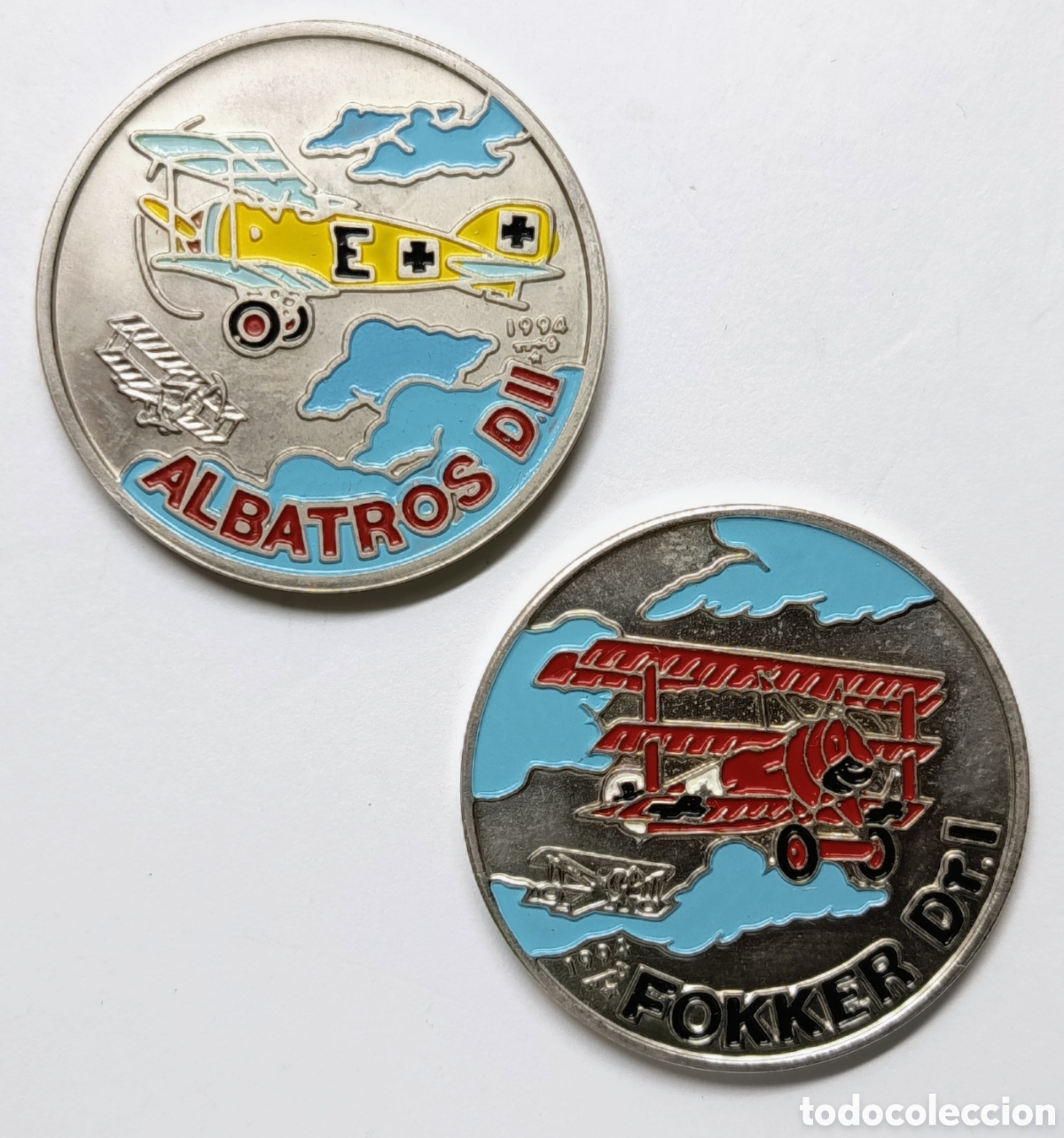 Monedas antiguas de Am&eacute;rica: CUBA. 2 MONEDAS DE UN PESO. 1994 &ldquo;AVIONES PRIMERA GUERRA MUNDIAL&rdquo;. COBRE-N&Iacute;QUEL. MULTICOLOR