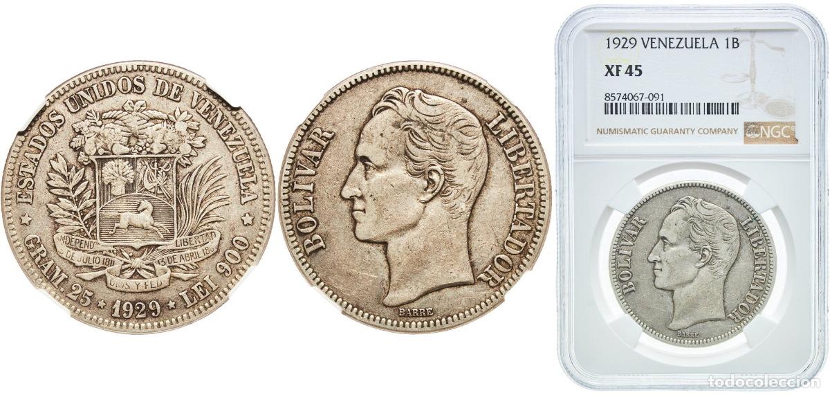 Monedas antiguas de Am&eacute;rica: Venezuela United States 1929 5 Bol&iacute;vares Silver (.900) (Copper .100) Philadelphia Mint 5g NGC XF 45
