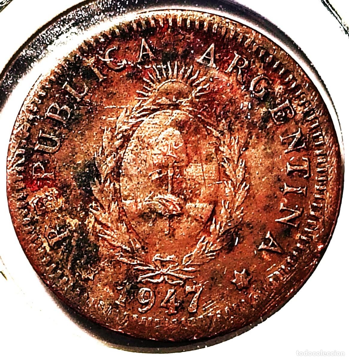 Monedas antiguas de Am&eacute;rica: ARGENTINA (1881-1969) - 2 CENTAVOS 1947 - PESO - C - 3,40 GR. BRONCE - DIAMETRO 20,50 mm - KM#38