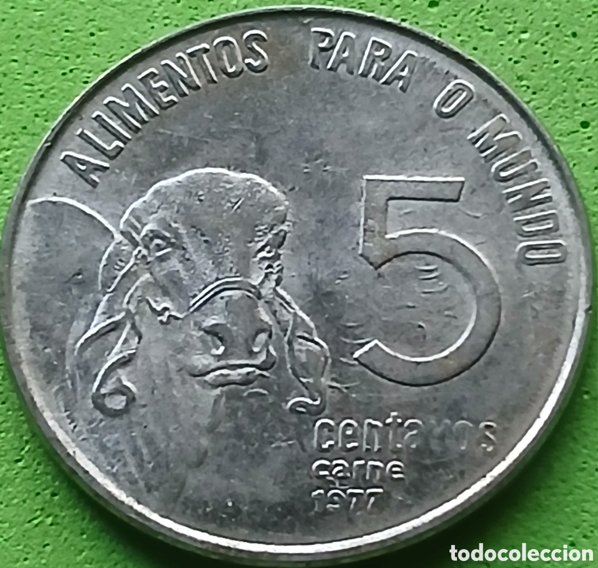 Monedas antiguas de Am&eacute;rica: Brasil 5 centavos 1977 km#587 Ceb&uacute; FAO ondas de cabello/ ESCASA