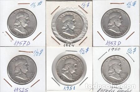 Monedas antiguas de Am&eacute;rica: ESTADOS UNIDOS. Seis monedas de &frac12;$ de Plata de 1950, 1951, 1952S, 1953D, 1954 y 1957D. BC-MBC.