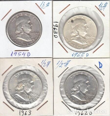 Monedas antiguas de Am&eacute;rica: ESTADOS UNIDOS. Cuatro monedas de &frac12;$ de Plata de 1954D, 1962D, 1963 y 1963D. MBC-EBC.