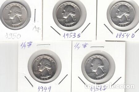 Monedas antiguas de Am&eacute;rica: ESTADOS UNIDOS. Monedas de &frac14;$ de Plata de 1949, 1950, 1951D, 1953S y 1954D, en diversa conservaci&oacute;n.