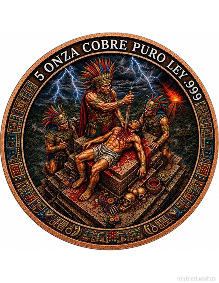 Monedas antiguas de Am&eacute;rica: Sacrificio azteca 5 onzas cobre 999 no moneda Tirada 3000