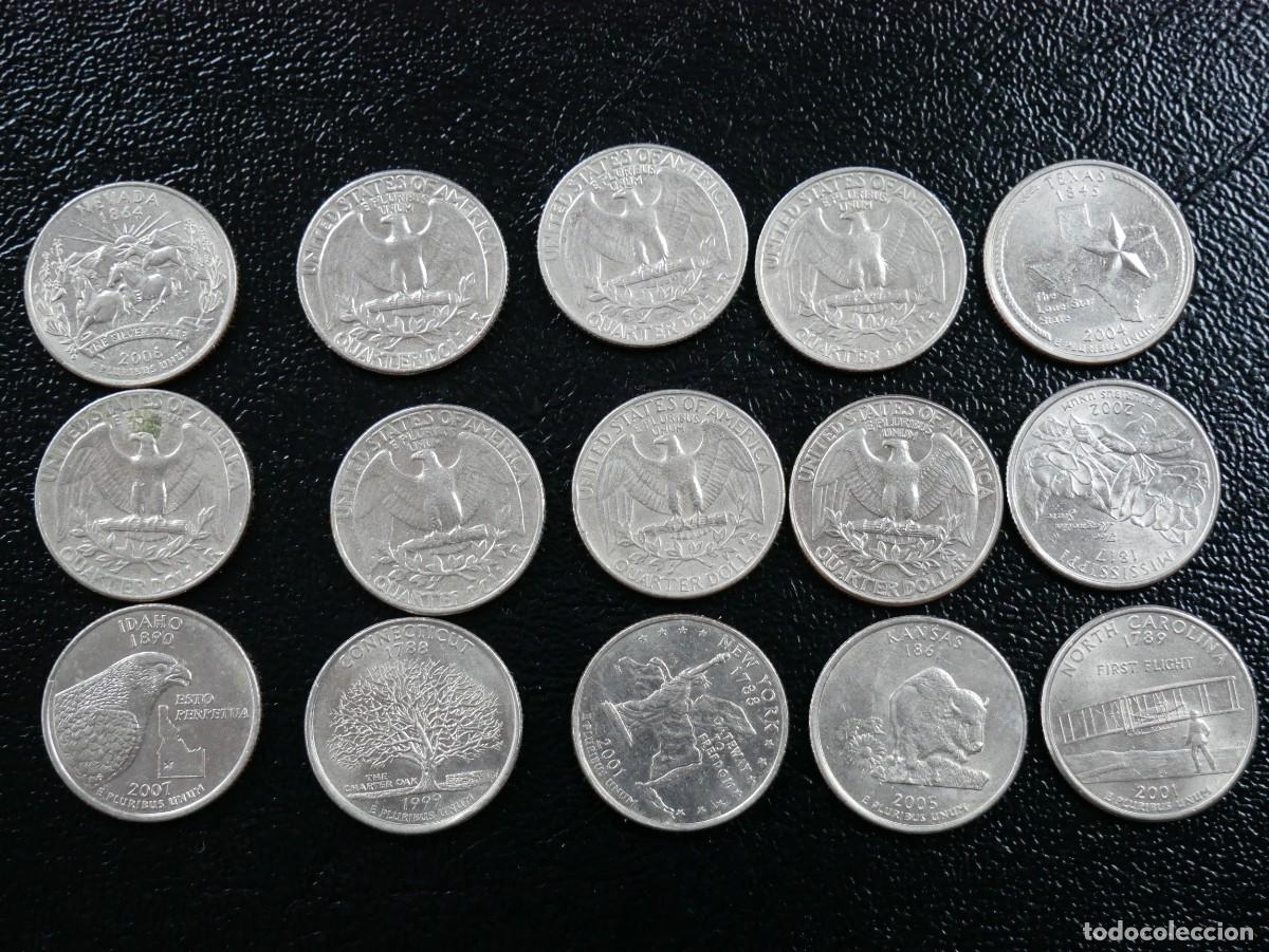Monedas antiguas de Am&eacute;rica: EE.UU. lote 15 monedas Quarter Dollar Washington + State Quarters 1965-2007