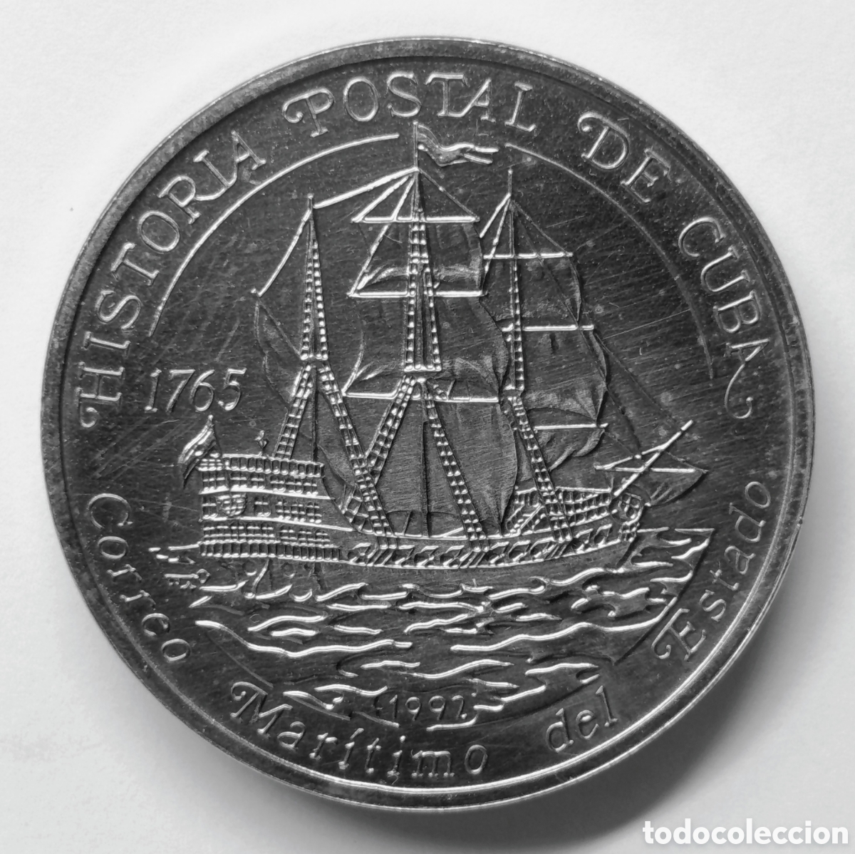 Monedas antiguas de Am&eacute;rica: CUBA. 1 PESO 1992 &ldquo;HISTORIA POSTAL DE CUBA. CORREO MAR&Iacute;TIMO DEL ESTADO&rdquo;. COBRE-N&Iacute;QUEL. ESCASA