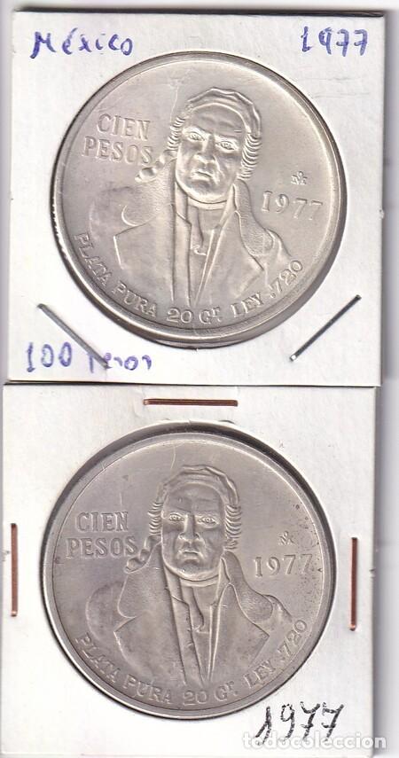 Monedas antiguas de Am&eacute;rica: MEXICO. Dos monedas de 100 Pesos de Plata de 1977. MBC.