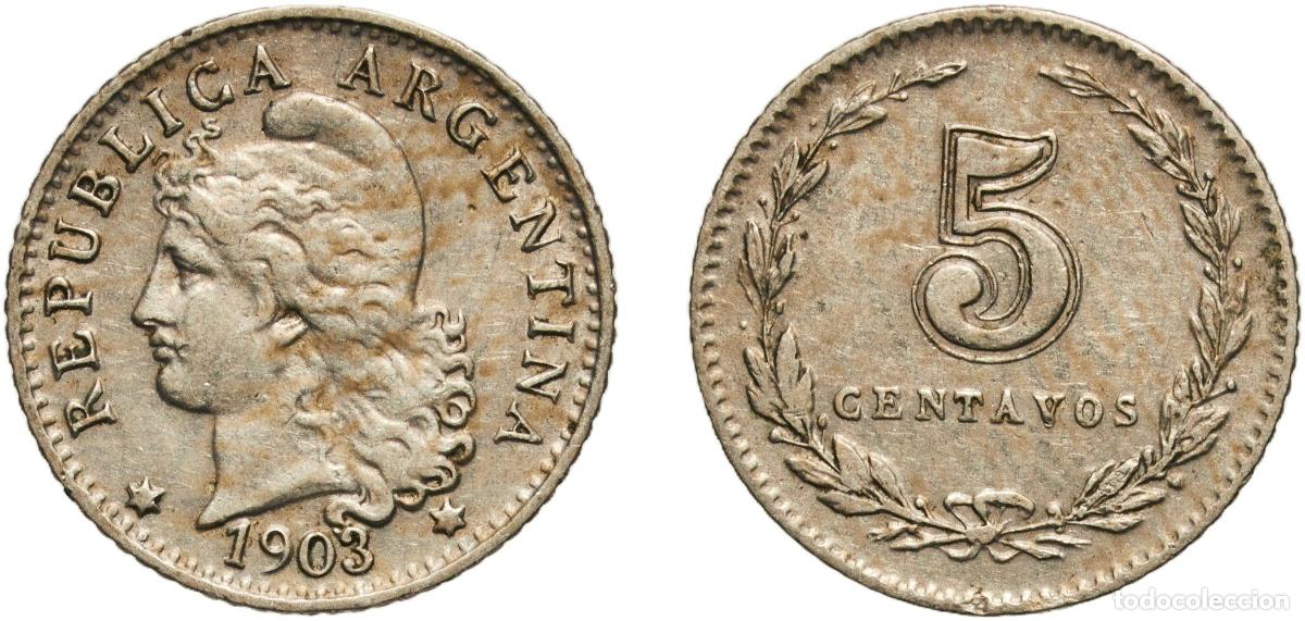 Monedas antiguas de Am&eacute;rica: Argentina Federal Republic 1903 5 Centavos Copper-nickel (Cu 75 Ni 25) (2502000) 2g AU CJ 134