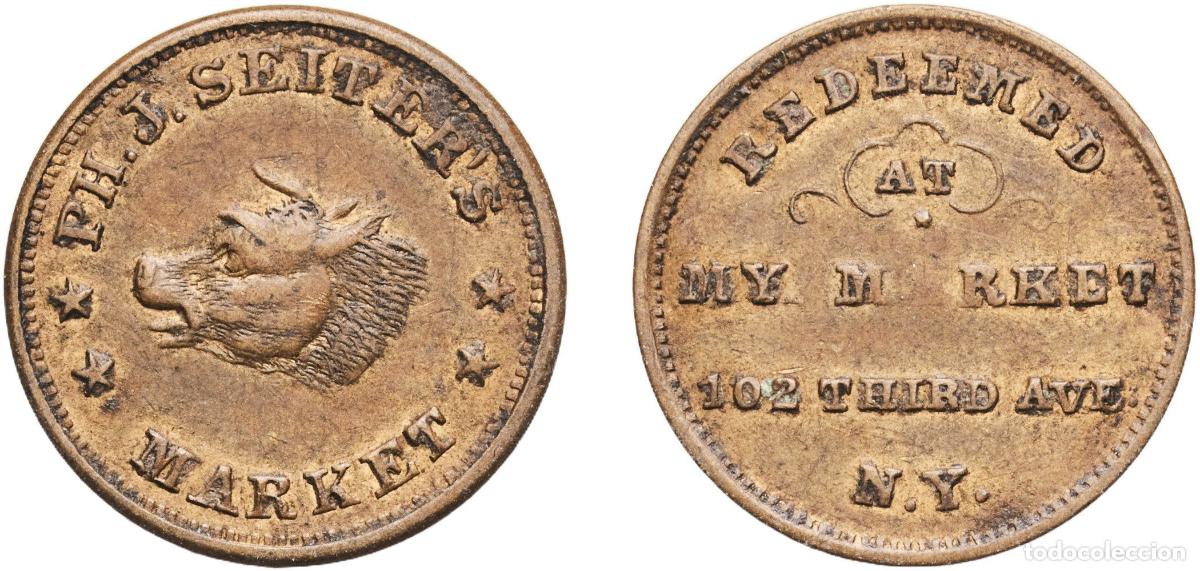Monedas antiguas de Am&eacute;rica: United States Federal republic ND Civil War Token - Ph. J. Seiter's Market (New York) Brass 2.96g X