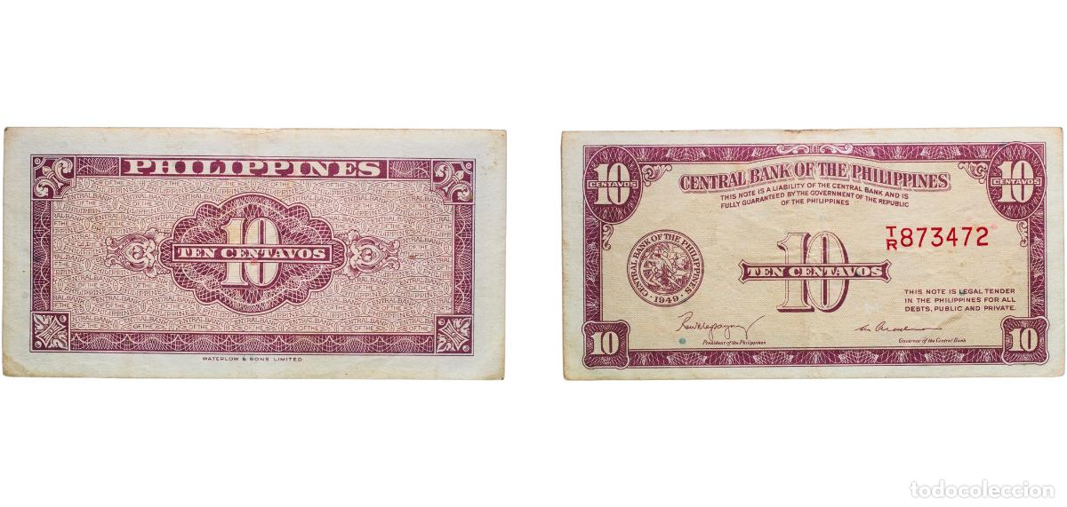 Monedas antiguas de Am&eacute;rica: Philippines Republic 1953 10 Centavos (Waterlow & Sons) Paper (90% Cotton, 10% Linen) (300000000) X