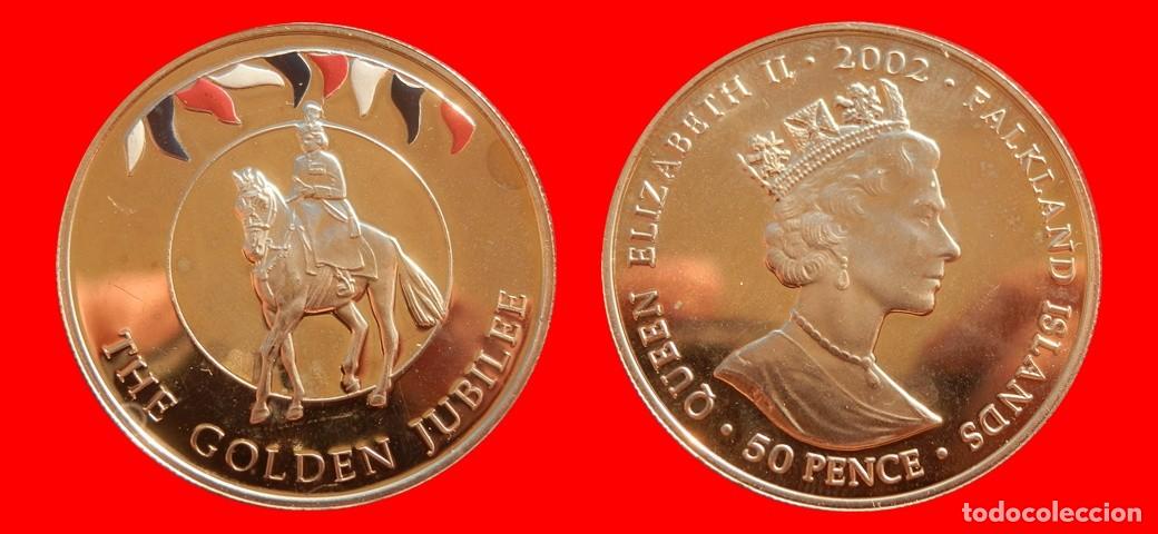 Monedas antiguas de Am&eacute;rica: 50 PENIQUES PENCE 2002 COLOREADA SIN CIRCULAR ISLAS MALVINAS FALKLAND-9630SC