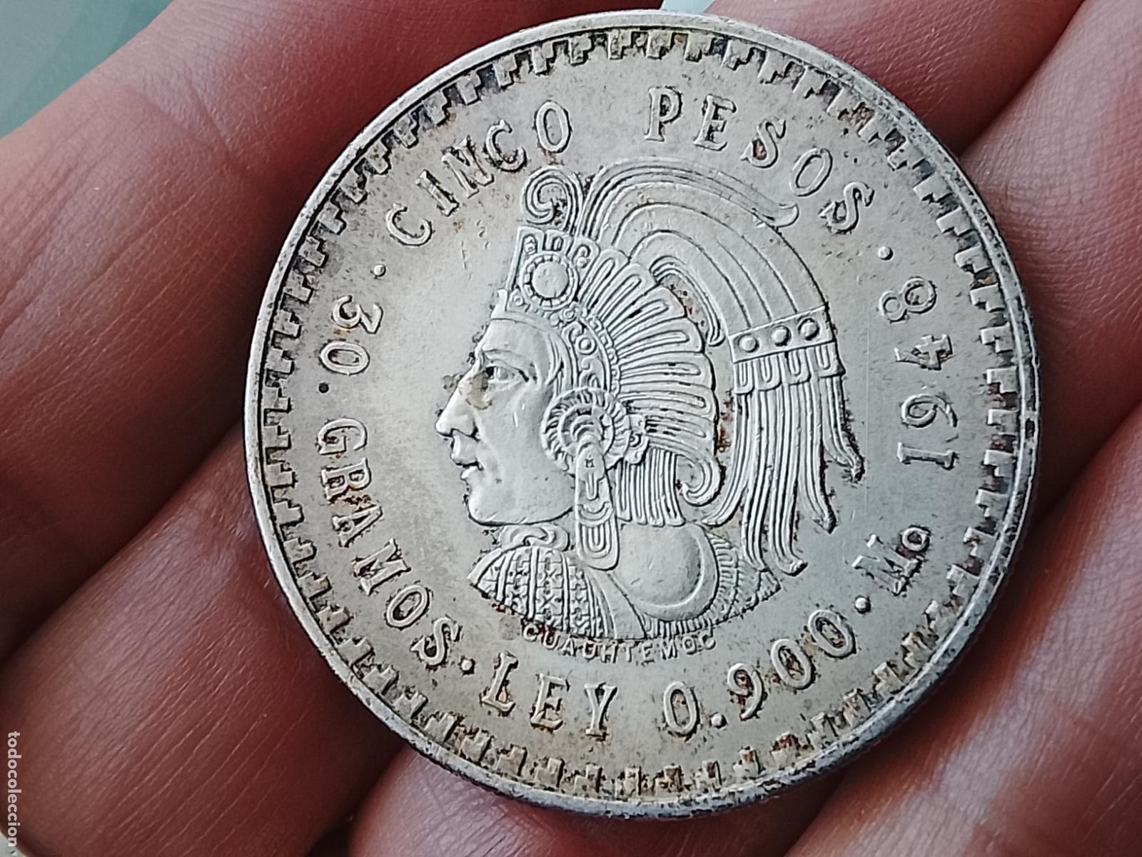 Monedas antiguas de Am&eacute;rica: 5 pesos de plata Mexico 1948 Cuahetemoc