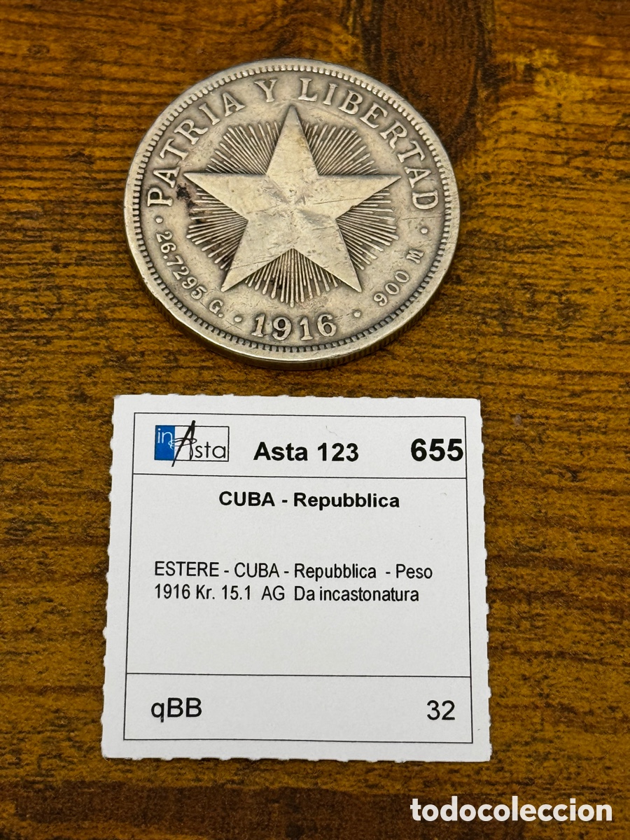 Monedas antiguas de Am&eacute;rica: 1 peso 1916 Cuba. Plata. Con ficha de subasta In Asta.