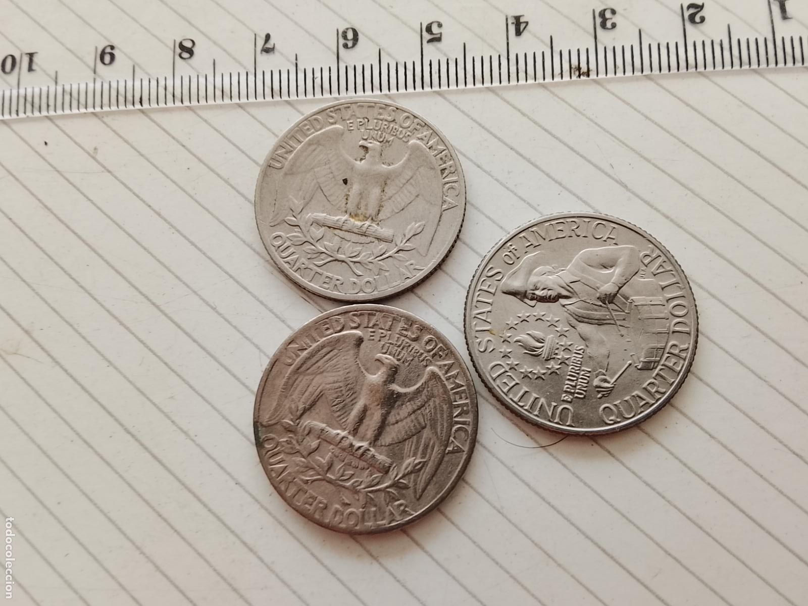Monedas antiguas de Am&eacute;rica: 3 monedas de quarter de dollar. USA. Estados Unidos