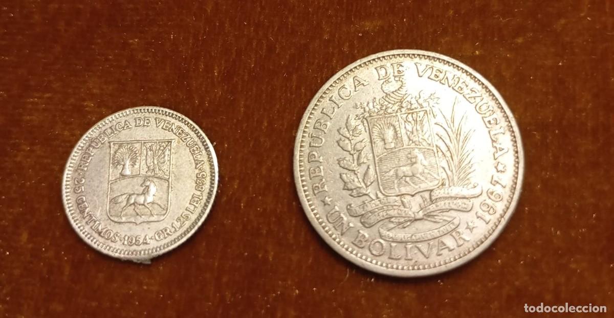 Monedas antiguas de Am&eacute;rica: Venezuela, monedas 25 c&eacute;ntimos &mdash;plata&mdash; 1954 y un bol&iacute;var &mdash;cupron&iacute;quel&mdash; 1967