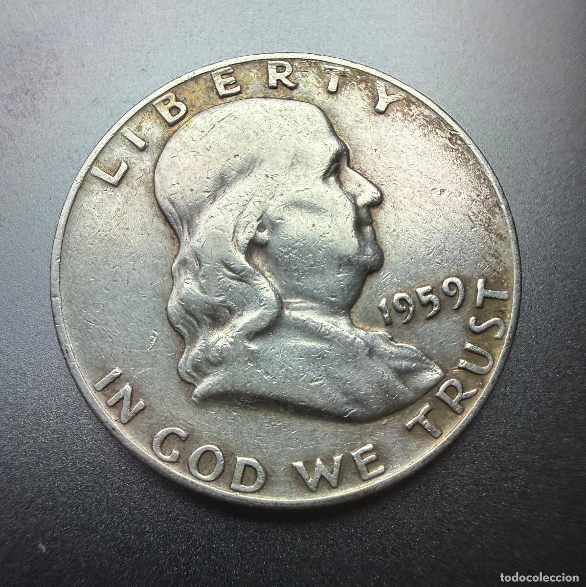 Monedas antiguas de Am&eacute;rica: Medio D&oacute;lar Franklin 1959-D Plata .900 Silver Half Dollar USA