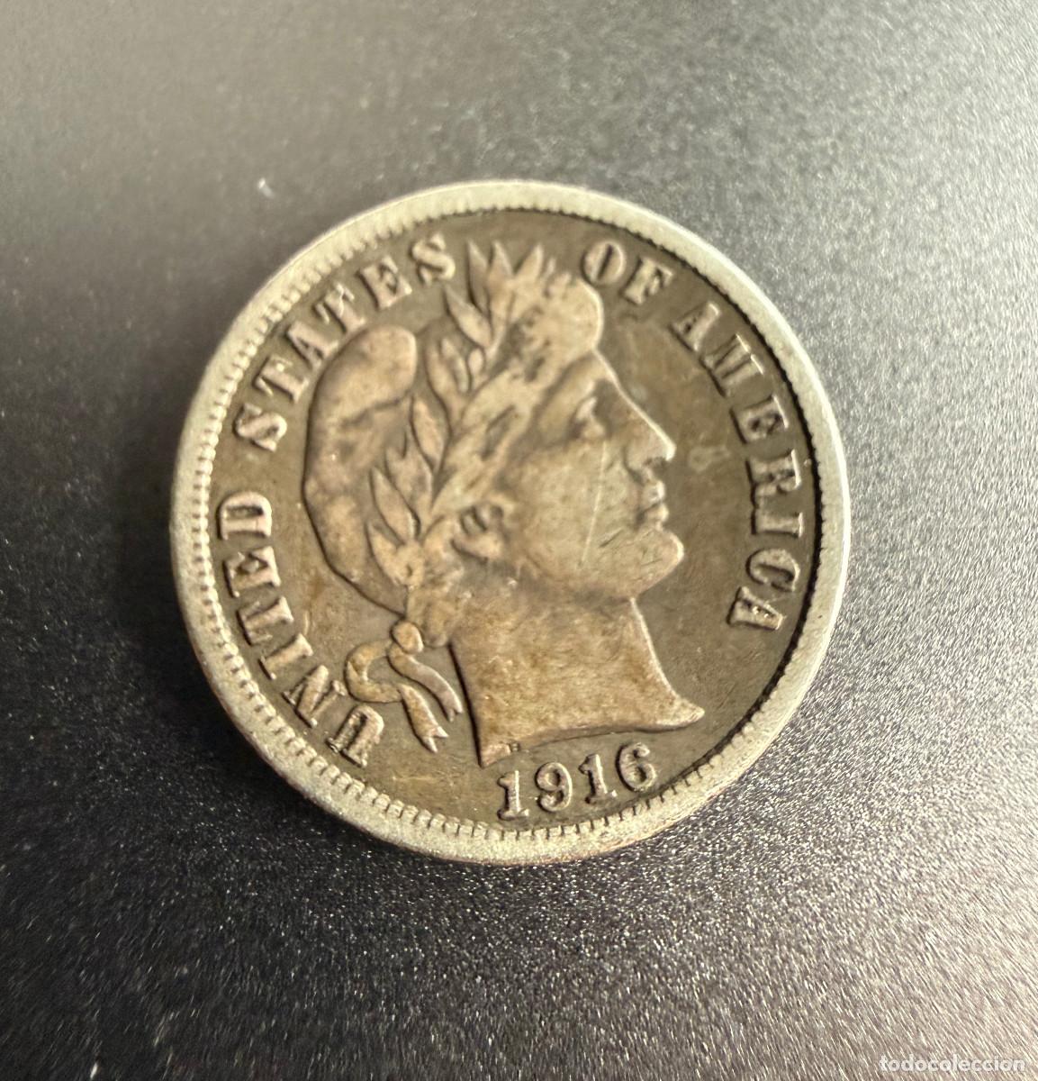 Monedas antiguas de Am&eacute;rica: 1 Dime 1916 Barber Dime &ndash; Plata .900 &ndash; USA Moneda 1 Dime de Estados Unidos 1916