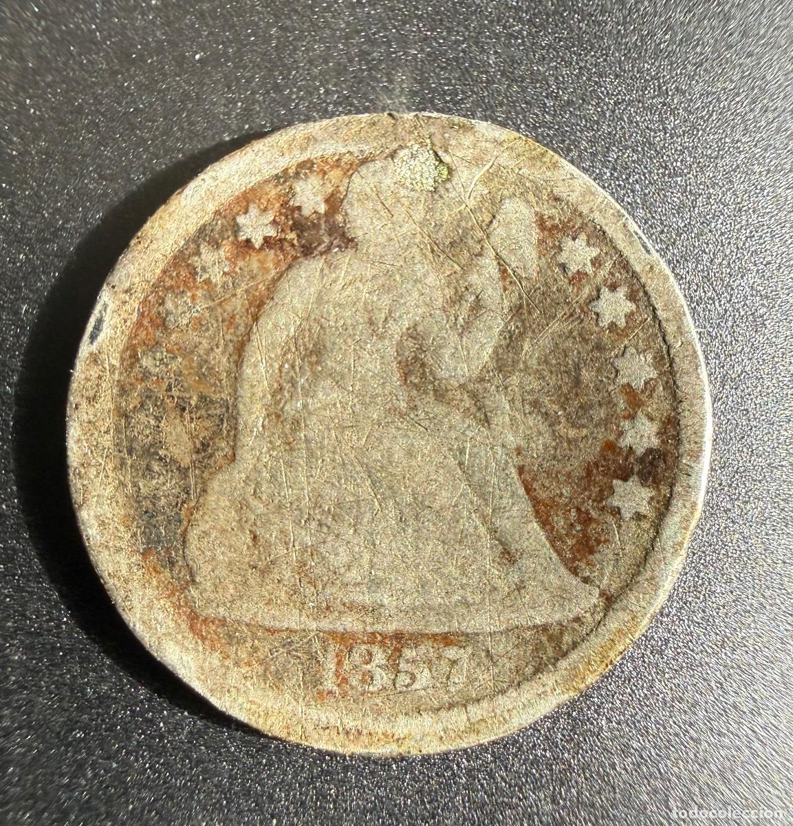 Monedas antiguas de Am&eacute;rica: 1 Dime Libertad Sentada 1857 Plata Seated Liberty Dime Silver USA 19th Century Coin