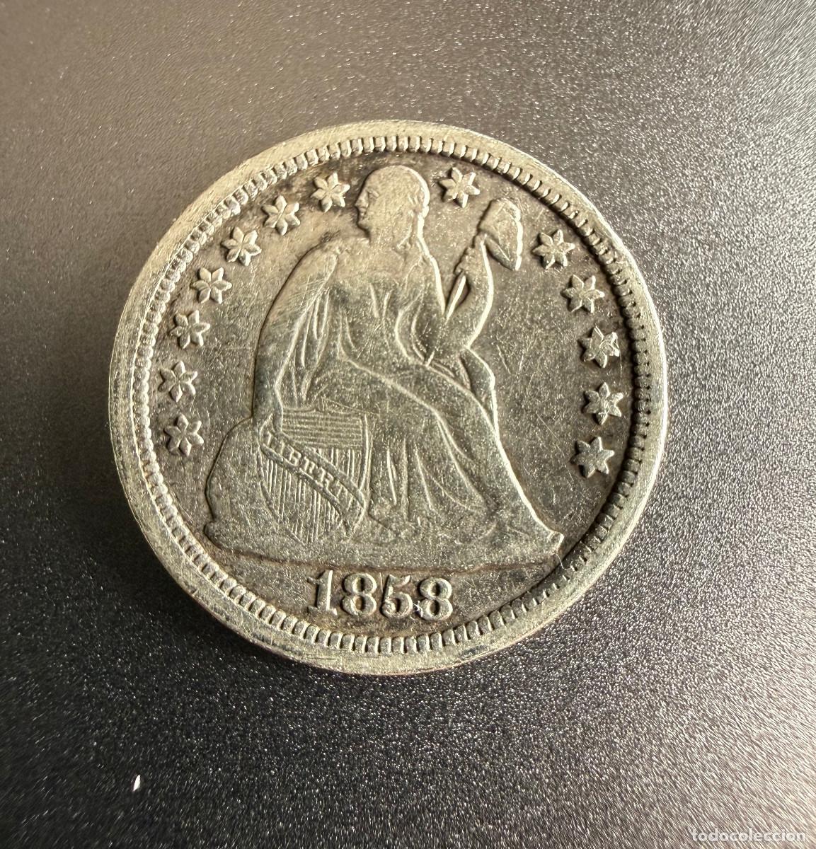 Monedas antiguas de Am&eacute;rica: 1 Dime Libertad Sentada 1858 Plata Seated Liberty Dime Silver USA 19th Century Coin