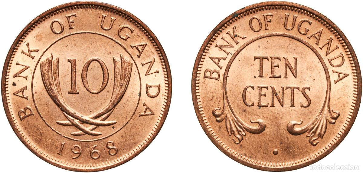 Monedas antiguas de Am&eacute;rica: Uganda Republic 1968 10 Cents (Non-magnetic) Original luster Bronze Royal Mint (20000000) 5.16g UNC