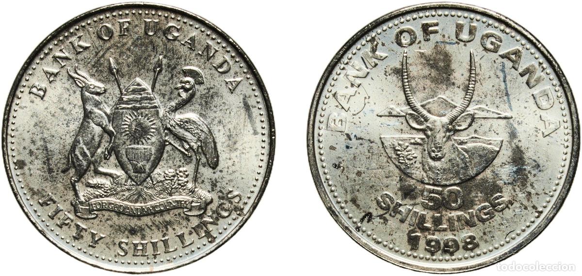 Monedas antiguas de Am&eacute;rica: Uganda Republic 1998 50 Shillings Nickel plated steel Royal Canadian Mint 4g UNC KM 66