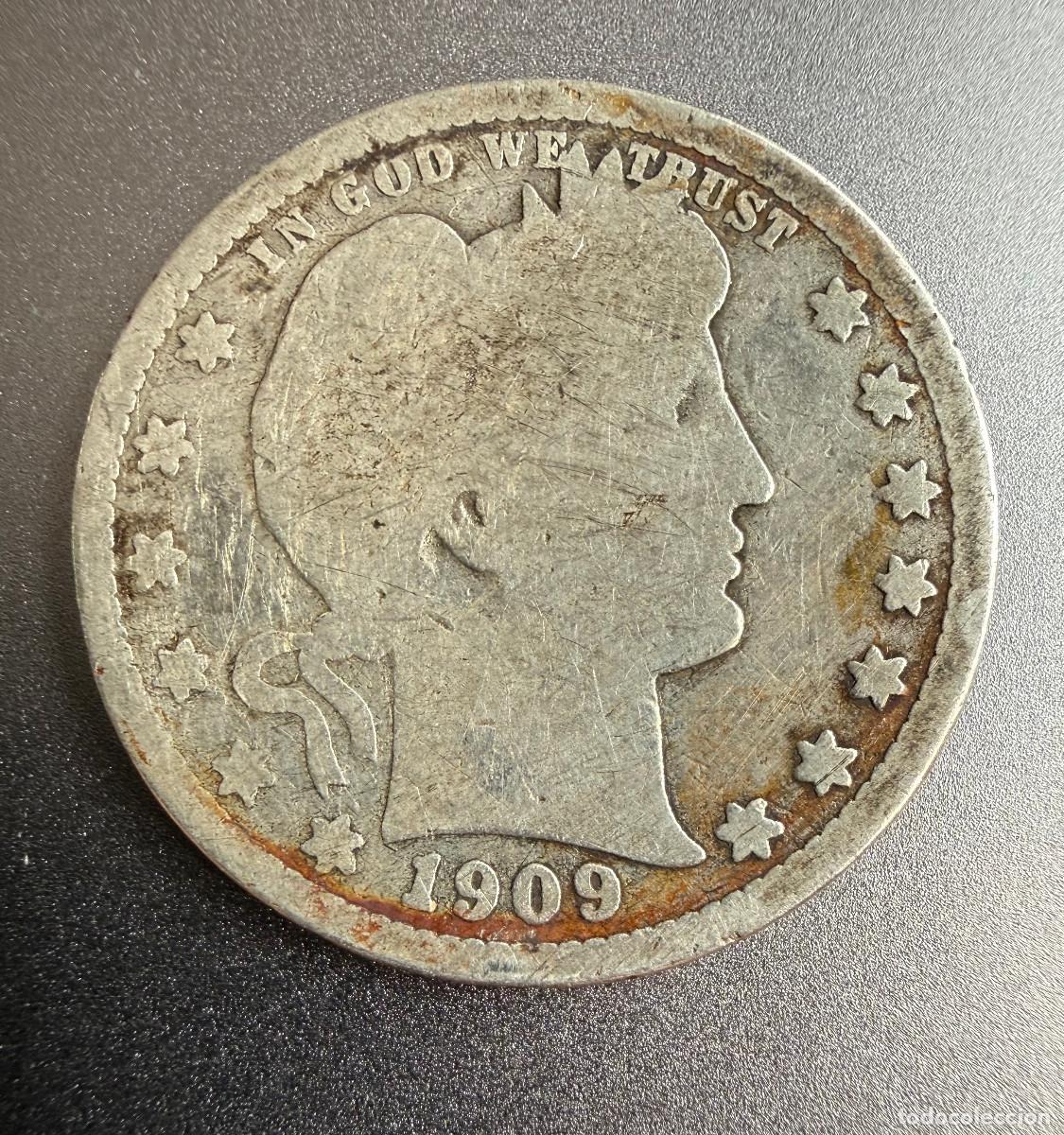 Monedas antiguas de Am&eacute;rica: 1/4 Dolar 1909-D Barber Quarter Estados Unidos Plata USA 25 Cents 1/4 D&oacute;lar