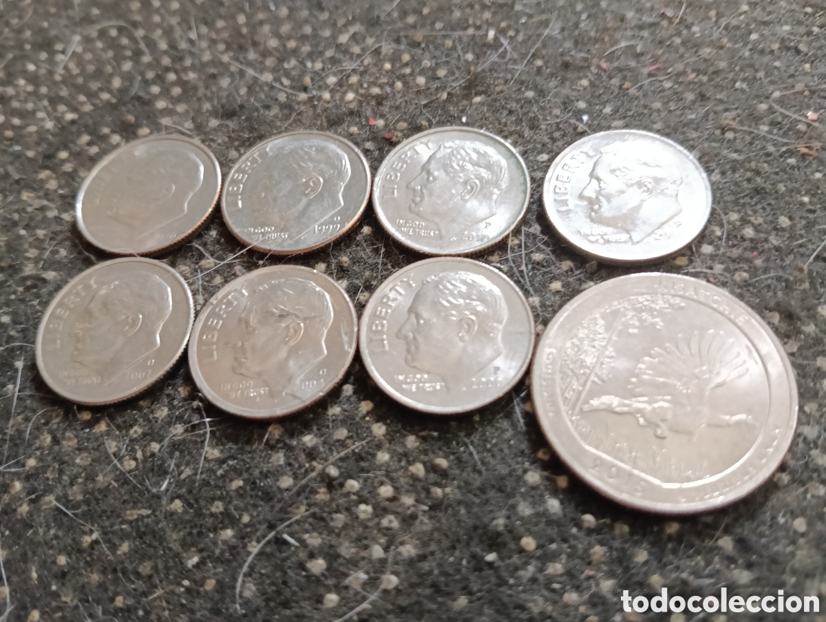 Monedas antiguas de Am&eacute;rica: 7 monedas de 10 centavos a&ntilde;os: 1999D-2020P-2004D-2006P-2007D- 2000P-2017P y 1 cuarto de dolar 2015P